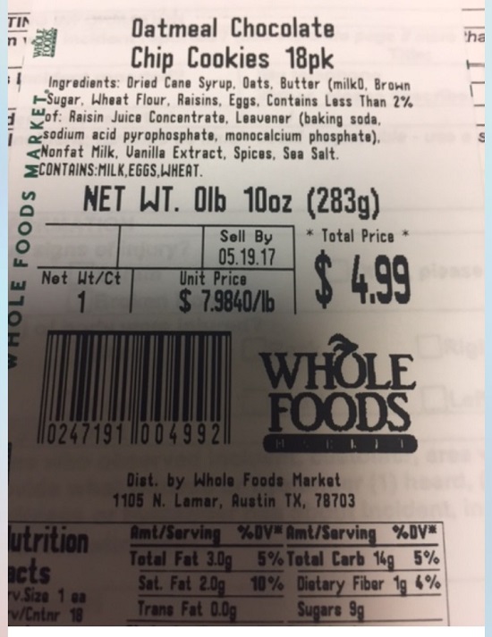 Allergy Alert Issued by Arabella Station Whole Foods Market for Undeclared Walnuts in Oatmeal Chocolate Chip Cookies